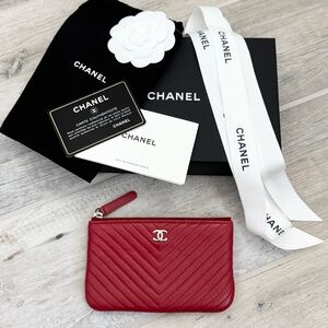 Chanel Red Lambskin Chevron Quilted Small Zipper Pouch Case